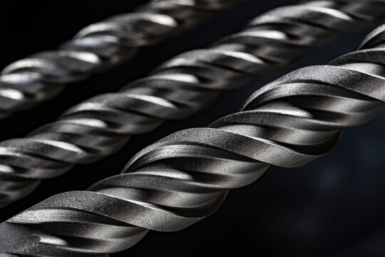Macro steel spiral drill bit texture on dark background. Metal drill bit spiral flutes on black background. Concept of industrial tools engineering precision construction and hardware equipment