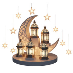 Obraz premium Miniature mosque with crescent moon and star adornments on a circular base isolated on transparent background