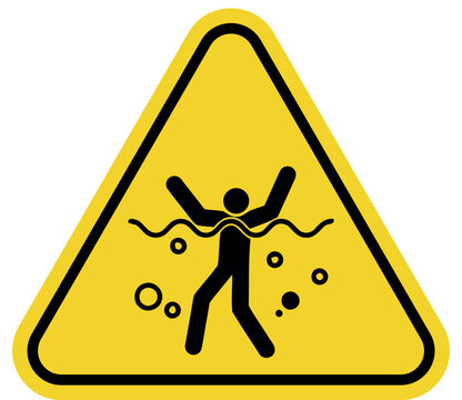 Warning sign for drowning danger a pictogram of a person struggling in water with bubbles isolated on a yellow triangle background