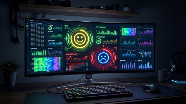 Large computer monitor displays colorful data analysis dashboard at night with keyboard and mouse on desk