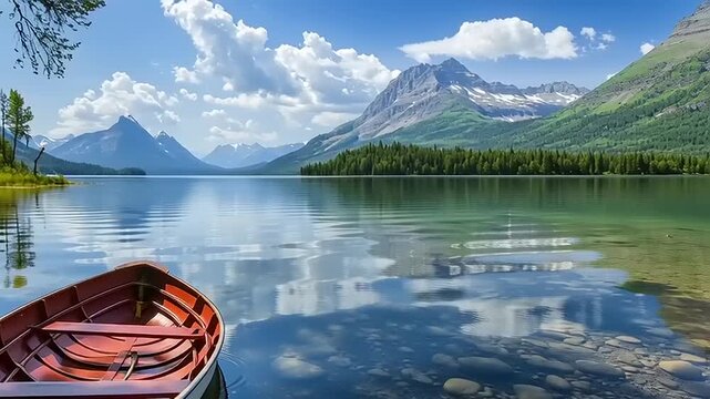 Vibrant reflections of majestic mountains and a vivid blue sky shimmer on a tranquil lake, where a classic wooden rowboat invites peaceful exploration into nature's stunning beauty