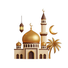 Obraz premium Intricate illustration of a golden mosque with crescent moon and star isolated on transparent background