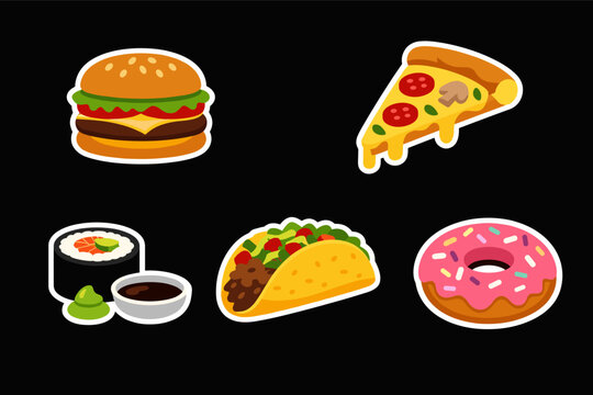 Set of five vibrant fast food and snack stickers including a cheeseburger, pepperoni pizza slice, sushi roll with soy sauce, beef taco, and pink strawberry donut with sprinkles on black background.