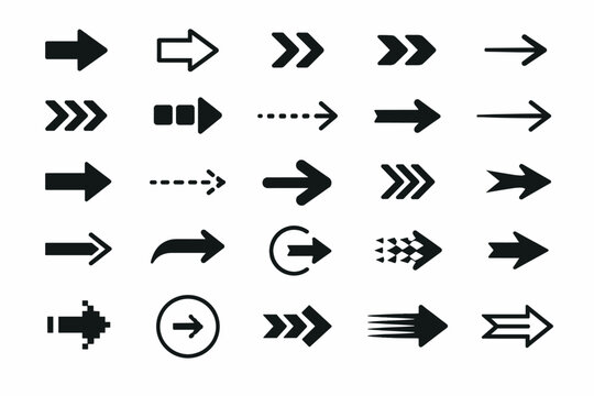 Arrow Icon Set Collection of Different Black Arrows Signs. Modern Simple Arrow Symbols Pointing to the Right. Vector Illustration of Directional Pointers for Navigation, Web Design, UI/UX, and Apps.