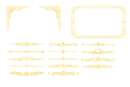 Luxury Gold Art Deco Frame and Text Dividers Collection. Elegant Vintage Corner Borders, Glowing Geometric Rectangular Frame, and Decorative Floral Separators for Wedding Invitations and Awards.