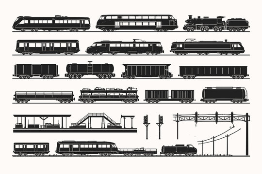 Set of flat vector silhouettes of trains, passenger railcars, freight wagons, steam locomotives, and railway infrastructure like platforms and signals in side view for transportation design.