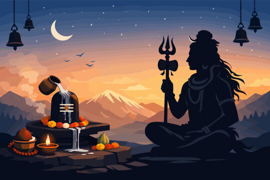 Maha Shivratri Hindu Festival Background with Lord Shiva Silhouette, Shivling with Milk Abhishekam, Trishul, Himalayan Mountains, and Crescent Moon in Starry Sky, Indian Mythology Vector Art