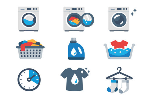 Laundry and Washing Machine Icon Set. Flat Vector Illustration Featuring Front Load Washers, Laundry Basket, Detergent Bottle, Wash Basin, Timer, Clean T-Shirt, and Socks on a Hanger for Housework.