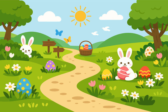 Flat vector illustration ofa cute Easter egg hunt scee featuring white bunnies,colorful decorated eggs, awinding trail through a suny spring meadow with flowrs, trees, and a full baskt.