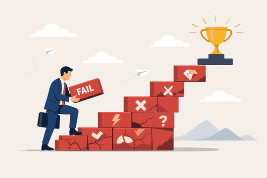 Businessman building a staicase from failure blocks t reach a golden trophy, cocept of learning from mistkes, overcoming obstacles,perseverance, and achievin success in business caree.