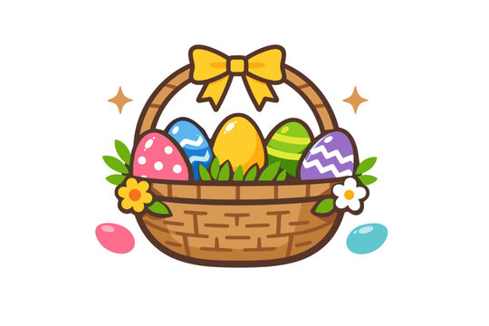 Colorful Easter basket filled with decorated eggs, yellow bow, and spring flowers. Cute flat vector illustration for holiday celebration, seasonal greeting cards, and festive party decorations.