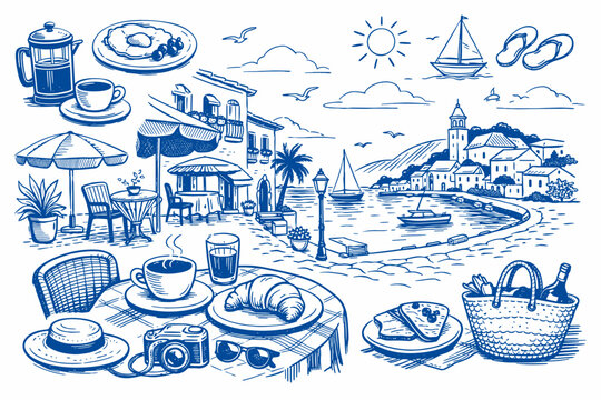 Blue hand-drawn travel and ood illustration set featuing a charming cafe terrac in a coastal town, breakfst with croissant and coffe, picnic basket, camera, unglasses, and seaside vie.