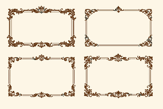 Brown vintage ornate frame vector set with fancy decorative rectangle ornament borders. Royal victorian line art filigree scrollwork for luxury wedding invitations, certificates, and diplomas.
