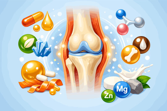 Comprehensive Orthopedic Wellness Illustration Depicting a Resilient Knee Joint Augmented by Vital Nutrients and Dietary Elements to Promote Skeletal Strength and Cartilage Maintenance