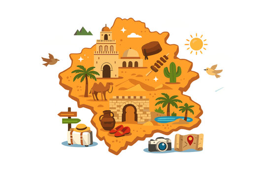 Kairouan Tunisia Travel Map Vector Illustration Featuring Great Mosque Landmark, Camel, Palm Trees, Oasis, and Cultural Icons like Fez and Pottery for North African Tourism and Heritage Design.