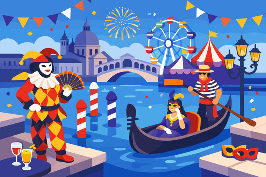 Vibrant Venice Carnival vector illustration featuring a masked jester, gondola ride on the canal, Rialto Bridge, fireworks, Ferris wheel, and festive decorations for Italian travel and culture.