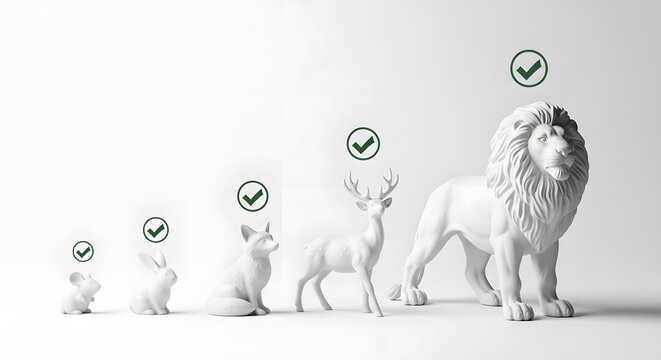 Row of white animal figurines from mouse to lion with green checkmark icons representing approval or verification on a clean white background figurines checkmark verification