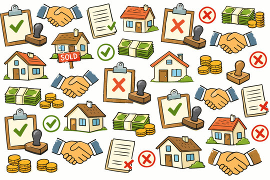 Hand-drawn real estate and finance doodle pattern with house icons, handshakes, money stacks, approved and rejected clipboards, and legal documents for mortgage, loan, and business concepts.