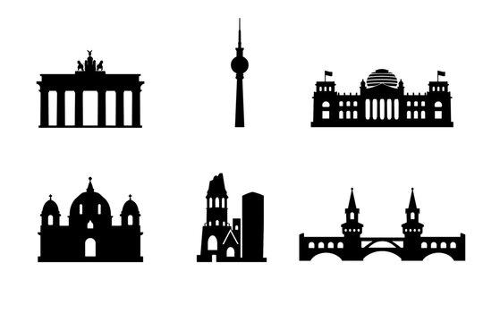 Set of black silhouette icons of famous Berlin landmarks including Brandenburg Gate, Fernsehturm TV Tower, Reichstag building, Berlin Cathedral, Kaiser Wilhelm Memorial Church, and Oberbaum Bridge.