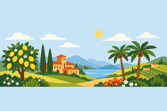 Italian Mediterranean Landscape with Cypress Trees, Lemon Tree, and Palm Trees. Seamless Border Summer Mural with Villa, Rolling Hills, Mountains, and Lake in Simple Flat Vector Illustration Style