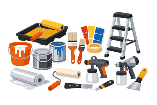 Painting Tools and Equipment for Home Renovation: Set of Professional DIY Supplies including Paint Roller, Brushes, Cans, Step Ladder, Sprayers, and Color Swatches in Flat Vector Illustration.