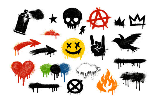 Urban graffiti spray paint icons set with grunge textures. Vector street art elements including skull, anarchy symbol, heart, smiley face, fire, crowns, bird, and spray can for graphic designs.