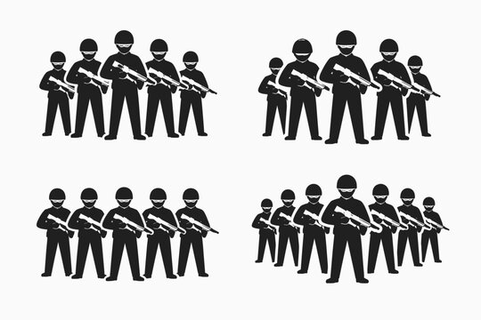 Set of Black Silhouettes of Soldiers in Various Formations, Military Infantry Units Standing with Rifles and Helmets, Tactical Army Squad Icons for Logo and Graphic Design, Combat Troops Vector