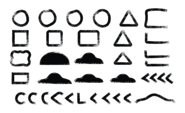 Collection of brush stoke hand drawn various shapes and minimalist ink doodle elements. grunge brush stroke geometry and line collection circles, squares, triangles, and arrows.  vector  illustration.