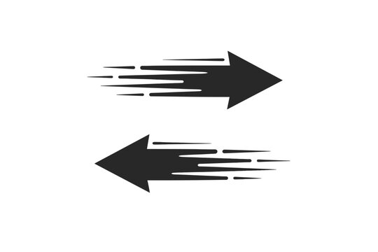 Two Black Arrows Pointing in Opposite Left and Right Directions with Dynamic Speed Lines Representing Fast Motion, Rapid Movement, and Exchange, Simple Flat Vector Illustration on White Background