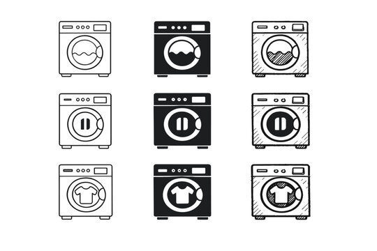 Washing machine icon set featuring laundry appliance symbols in outline, solid, and doodle styles. Simple flat vector collection for household cleaning, laundry service, and washer app design.