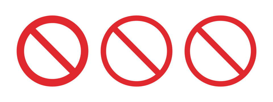 Red circle with cross line prohibition symbol set representing stop sign, forbidden action, caution frame, access denial, restriction warning, and safety compliance indicator