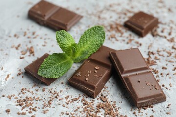 Pieces of yummy chocolate bar and mint leaves on grey table, closeup © New Africa