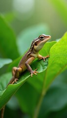 Fototapeta premium Brown lizard with spiky crest sits on vibrant green leaf. Small reptile looks alert with beady eye. Wildlife scene shows natural camouflage and textured skin in sunlit jungle.