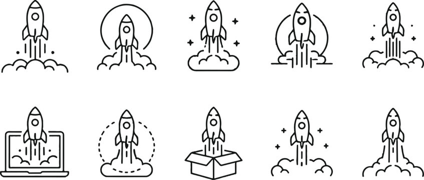 Black line rocket ship icons launching