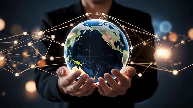 Man's hands holding a glowing digital globe with network connections business technology