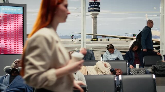 Tired tourists in airport sleeping on chairs after departure board screen showed flights got cancelled. Exhausted travelers napping on bench while waiting for delayed flight updates, camera A