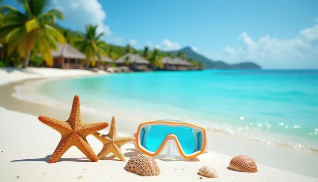 Starfish seashells and dive mask rest on white sand beach. Tropical island vacation with clear blue ocean water and green palm trees background.