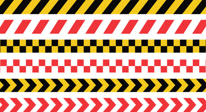 Collection of caution tape patterns with stripes, checker designs, and chevrons for safety and hazard marking