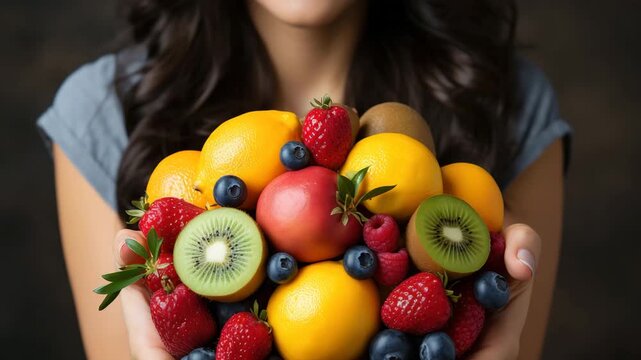 young woman with fruits
