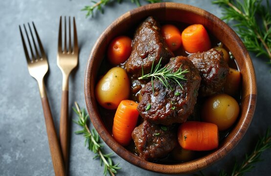 Hearty oxtail stew with tender beef chunks, carrots, and potatoes in a rustic wooden bowl. Savory gravy, rosemary, and thyme complete this comforting dish.