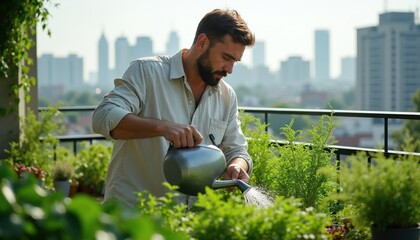 Obraz premium Bearded man waters green plants on city balcony. Male gardener tends balcony garden with urban skyline background. Hobbyist enjoys domestic plants care on terrace.
