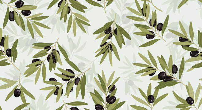 Seamless pattern of olive branches with black olives and green leaves on a light background