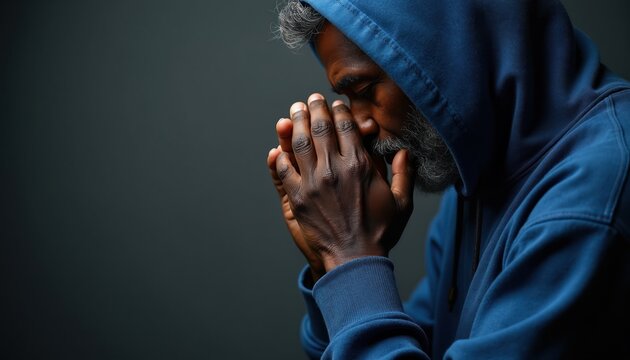 Elderly Black man with grey beard wears blue hoodie, clasps hands in prayer. He bows head in solemn devotion, seeking spiritual solace or guidance. Focused, contemplative mood.