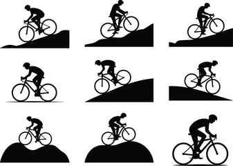 Obraz premium Cyclist silhouettes riding uphill downhill and flat terrain showing dynamic cycling motion and posture