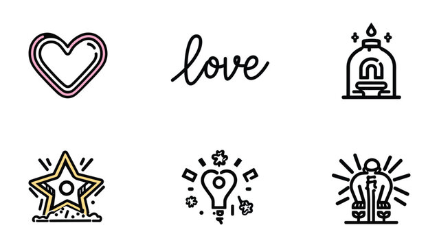 Icon Set: Featuring heart, word love, lightbulb and Star: A delightful set of icons captures emotions of affection and symbols of enlightenment, crafted with modern, playful designs.