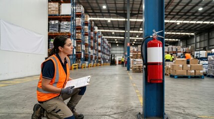 Naklejka premium Warehouse Safety Coordinator Visually Confirming Fire Extinguish