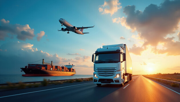 Truck drives on road near cargo ship. Airplane flies in sky over sea. Global shipping and delivery scene at sunset. Logistics and transport concept with three modes of transit.