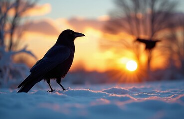 Obraz premium Silhouette of black crow bird standing on snowy ground during sunset. Another bird flies in distant sunset sky. Winter scene with warm orange sky and soft focus background.