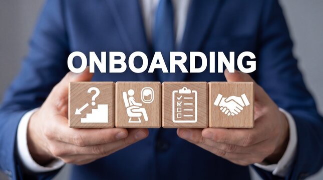 Man in suit holding cubes with icons representing onboarding process