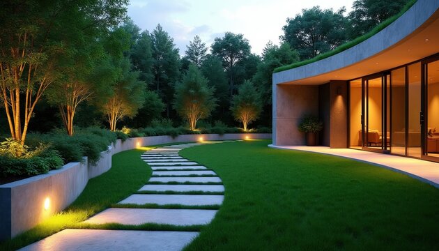 Modern curved house with green roof features backyard garden pathway made of stone slabs. Outdoor landscape lighting illuminates rich grass lawn, trees at dusk. Serene exterior design for luxury